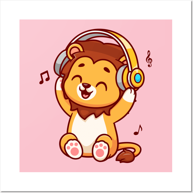 Cute Lion Listening Music With Headphone Cartoon Wall Art by Catalyst Labs